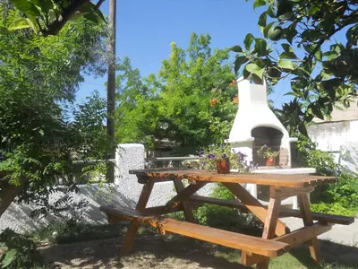 a picnic table with a pizza oven in a garden at Isidora Hotel in Agia Marina Aegina