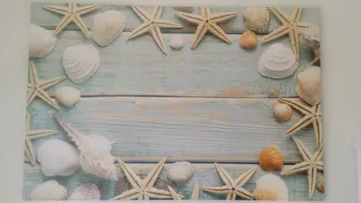 a frame of shells and starfish on a wooden table at Rachel Hotel in Agia Marina Aegina