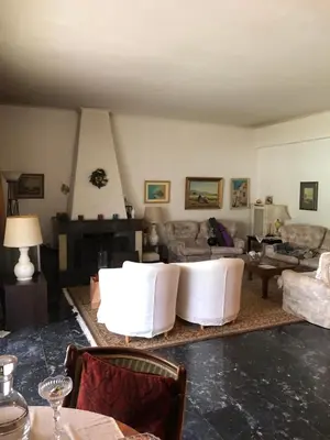 a living room with a couch and a table at Spacious Double room in the Center of Athens in Athens