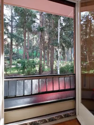 a window with a view of a forest at Park-view apartment in Athens