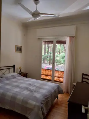 a bedroom with a bed and a window at Park-view apartment in Athens