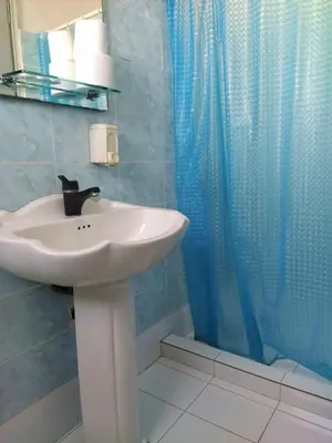 a bathroom with a sink and a blue shower curtain at Delfini Hotel in Piraeus
