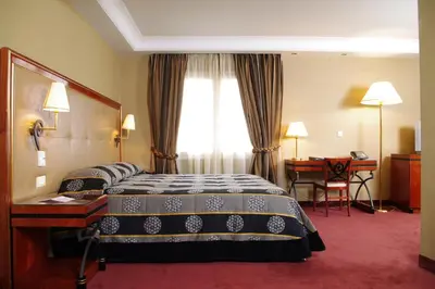 a hotel room with a bed and a desk at Piraeus Theoxenia Hotel in Piraeus