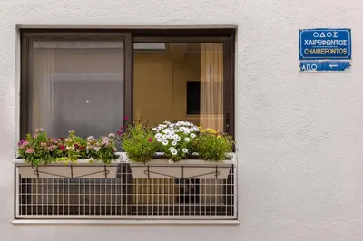 a window with a bunch of flowers on it at The heart of Plaka in Athens