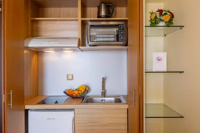 a small kitchen with a sink and a microwave at Oasis Hotel Apartments in Athens