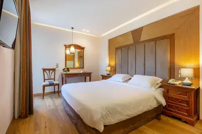 a bedroom with a large bed with a wooden headboard at Oasis Hotel Apartments in Athens