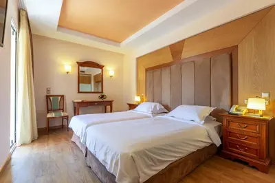 a bedroom with a large bed with a wooden headboard at Oasis Hotel Apartments in Athens
