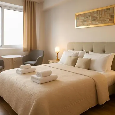 a bedroom with a large bed with two towels on it at Metropolis A2 - Υπέροχη ανακαινισμένη Σουίτα in Athens