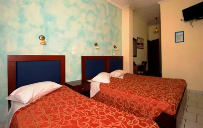 a hotel room with two beds and a wall at Pergamos Hotel in Athens
