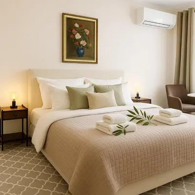 a bedroom with a large bed with two towels on it at Metropolis B2 -Γοητευτική Σουίτα in Athens