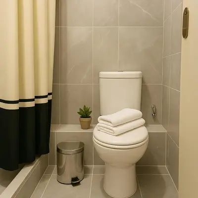 a bathroom with a white toilet with a shower curtain at Metropolis B2 -Γοητευτική Σουίτα in Athens