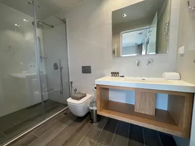a bathroom with a sink and a toilet and a shower at Majestic Penthouse Acropolis in Athens