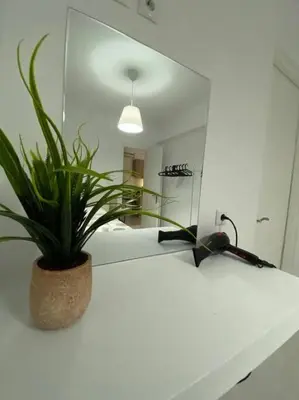 a plant sitting on a counter in front of a mirror at Sea Urban 4 Varkiza in Vari