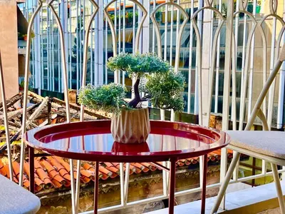 a table with two bonsai trees on top of it at Stylish Apartment in Athens, Walk Everywhere in Athens