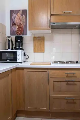 a kitchen with wooden cabinets and a microwave at Αlpha- Αthenian apartments in Athens