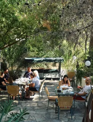 a group of people sitting at tables on a patio at The Delfini Hotel in Agia Marina Aegina