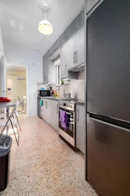 a kitchen with a stainless steel refrigerator and a stove at Koukaki Apartment in Athens