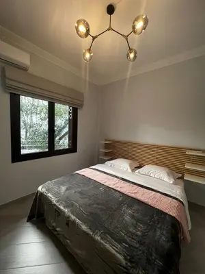 a bedroom with a large bed with a chandelier at Olivia Luxury Apartment Palio Faliro in Athens