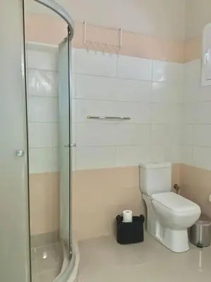 a bathroom with a toilet and a glass shower at Feels like home (Vari) in Vari