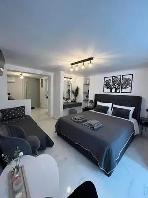 a bedroom with a large bed and a living room at Riviera-MelRod-Athens in Athens