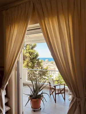 a room with a window with a plant on a balcony at Sea View House Voula in Athens
