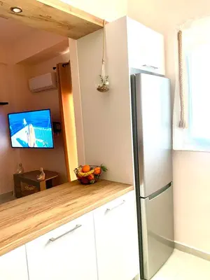 a kitchen with a refrigerator and a tv at Athens nice apartment in Athens