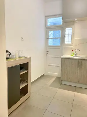 a kitchen with a counter and a sink and a window at Uoohome7 garden green and navy in Athens