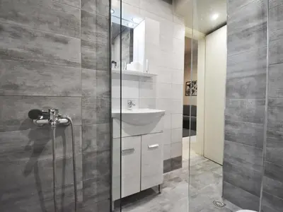 a bathroom with a shower and a sink at Petite Apartment in Athens