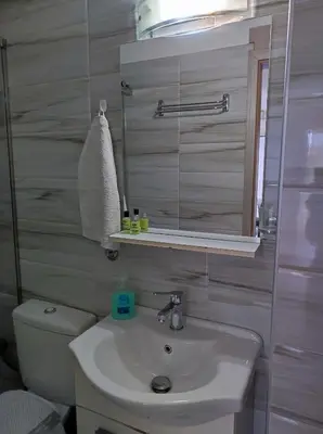 a bathroom with a sink and a toilet and a mirror at Pegasus cosy house in Athens