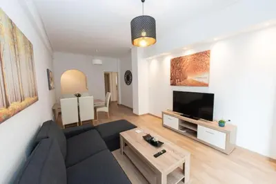 a living room with a couch and a tv at Spacious flat 10min from subway stations (BODA_B3) in Athens
