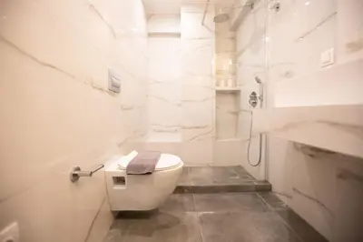 a white bathroom with a toilet and a shower at Plaka With Acropolis Rooftop View Access in Athens