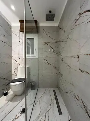 a bathroom with a toilet and a glass shower at Elegant Two Bedroom Apartment a few steps from Plaka in Athens