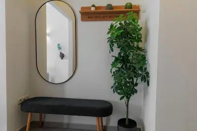 a mirror and a bench in a room with a plant at Sunny & Modern apt for 3 persons in Athens
