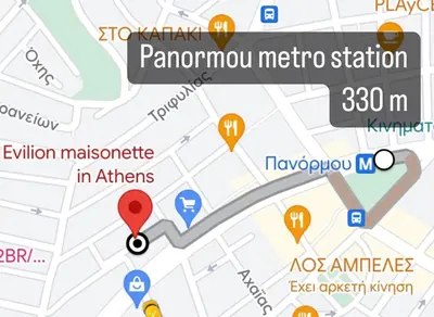 a map of a metro station with a red marker at Evilion Maisonette in Athens in Athens