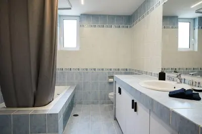 a bathroom with a sink and a toilet and a shower at Flyin' High Luxury Suite in Metókhi