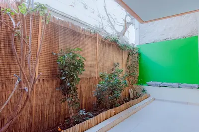a brick fence with a green wall and plants at Acropolis Studio Apartment in Athens