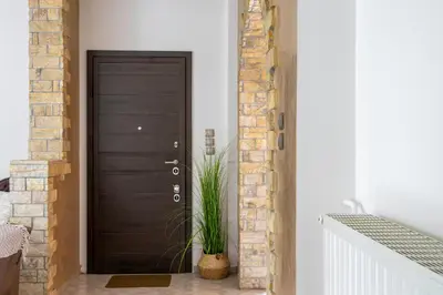 a black door in a room with a potted plant at Spacious 2 bedroom apartment at Glifada in Athens