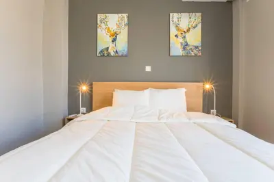 a large white bed in a bedroom with two paintings at A modern and spacious flat in Gazi in Athens