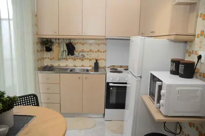 a small kitchen with a white refrigerator and a sink at Hara's Apartment in Athens