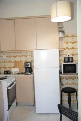 a kitchen with a white refrigerator and a microwave at Hara's Apartment in Athens