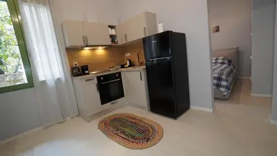 a kitchen with a black refrigerator and a rug at City Break Metro Ambelokipi in Athens