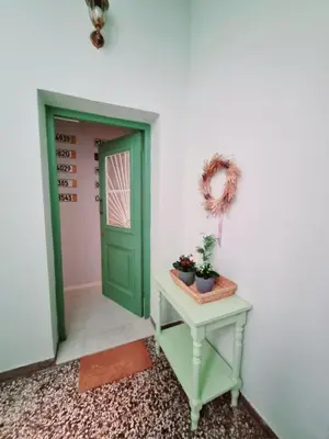 a green door and a table with a potted plant at City Break Metro Ambelokipi in Athens