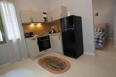 a kitchen with a black refrigerator and a rug at City Break Metro Ambelokipi in Athens