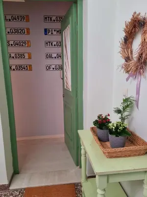 a room with a green door and a table with plants at City Break Metro Ambelokipi in Athens
