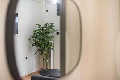 a mirror reflecting a plant in a room at Athens center spacious apartment in Athens
