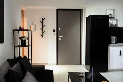 a living room with a black door and a black refrigerator at Essél Noir - A hidden gem with a magnificent Acropolis view in Athens