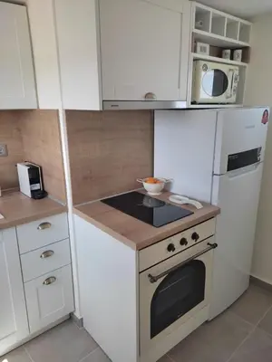 a small kitchen with a stove and a refrigerator at Dafnis View in Athens