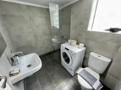 a bathroom with a toilet and a sink and a washing machine at Acropolis Suite greendom in Athens