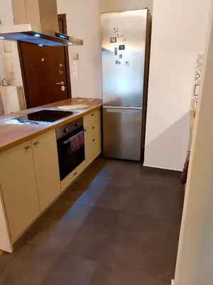 a kitchen with a stainless steel refrigerator in it at Christina-Anna Athens City Center walking distance to everywhere and Acropolis, in One of the most Favorable Locations by National Gardens and Zoo, Hellenic Parliament in Syntagma and Stylish Exquisite Kolonaki Cozy Renovated Apartment in Athens