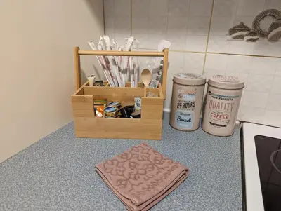 a wooden crate sitting on a counter next to a counter top at Cozy apartm.near Metro Ag.Marina in Athens